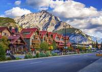 Banff town centre with Rocky Mountains beyond