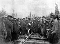 Donald Smith drives the last spike of the Canadian Pacific Railway, at Craigellachie, 7 November 1885