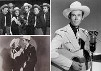 Clockwise from top left: Williams, Sheppard, and the Drifting Cowboys band in 1951; publicity photo for WSM in 1948; Williams and his first wife Audrey Sheppard in a publicity photo for MGM Records, 1952