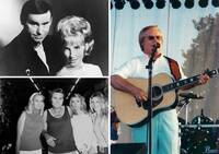 Clockwise from top left: Promotional image of George Jones and Tammy Wynette; Jones performing in June 2002; Jones and Tammy Wynette at Nudie's Rodeo Taylor, 1973