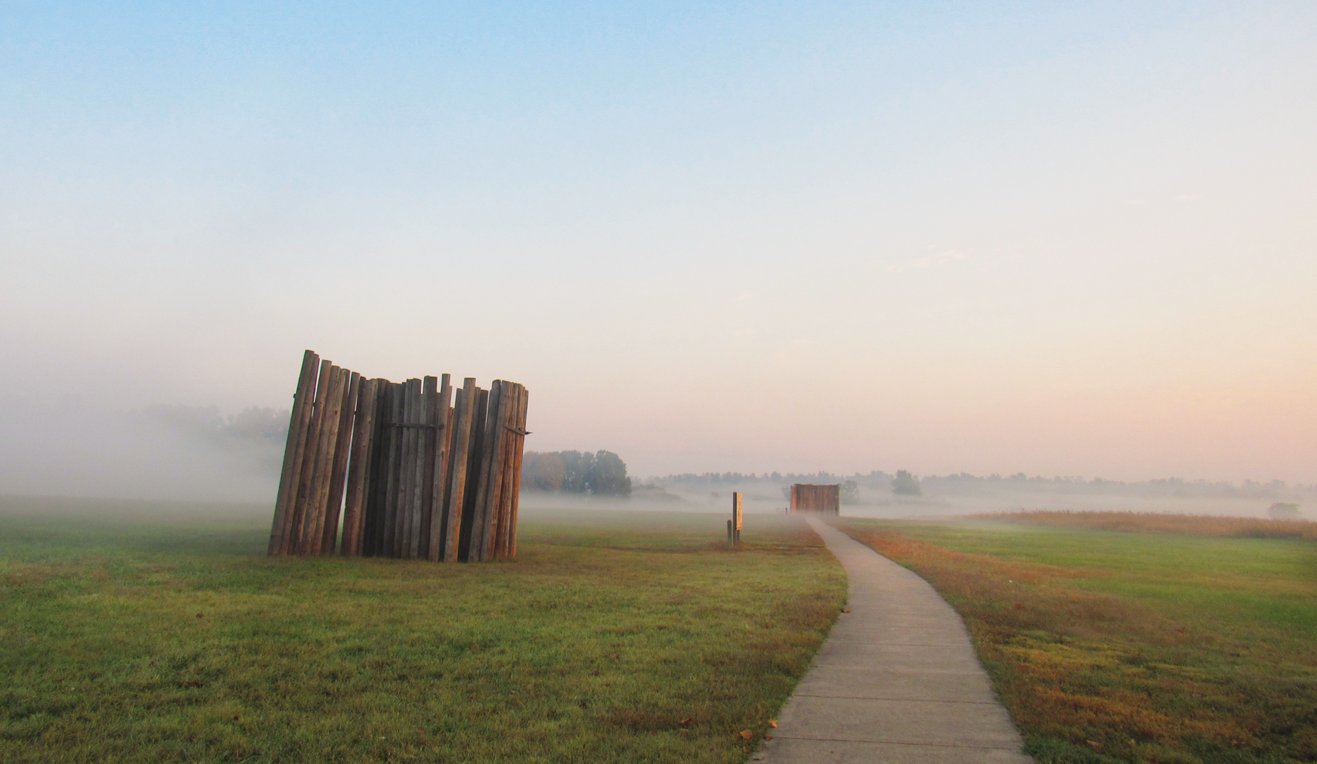 A reconstructed section of wall to the east of Monks Mound, Cahokia