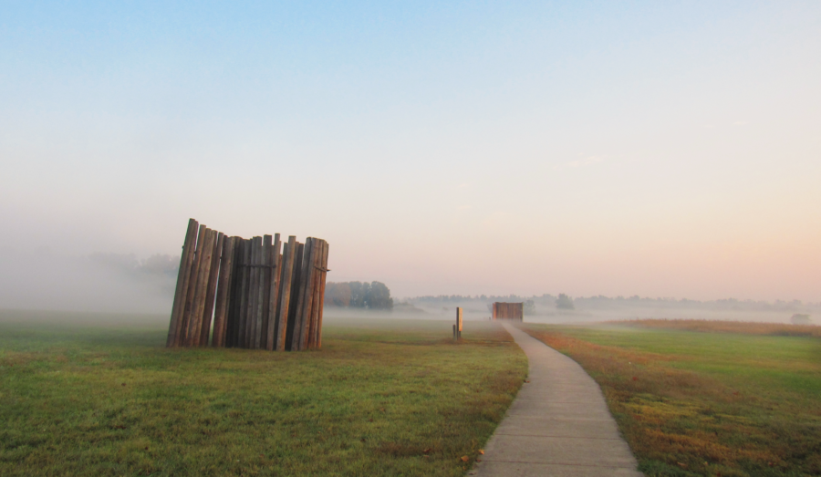 A reconstructed section of wall to the east of Monks Mound, Cahokia